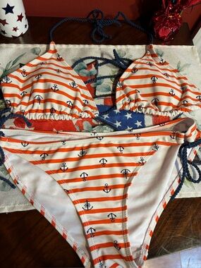 Striped Anchor Bikini Set in red ,White and blue